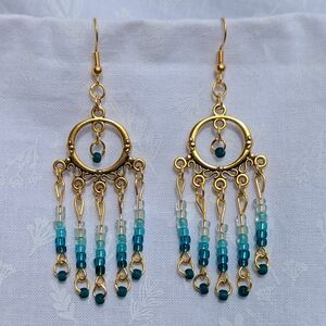 Gold and Blue Chandelier Earrings with Turquoise Beads